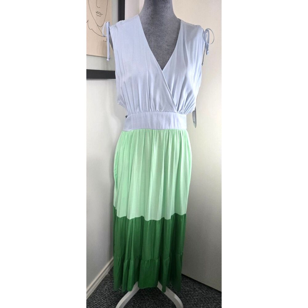 Scoop Sleeveless Colorblock Tie‑Shoulder Dress – Blue & Green – Size L (12–14)